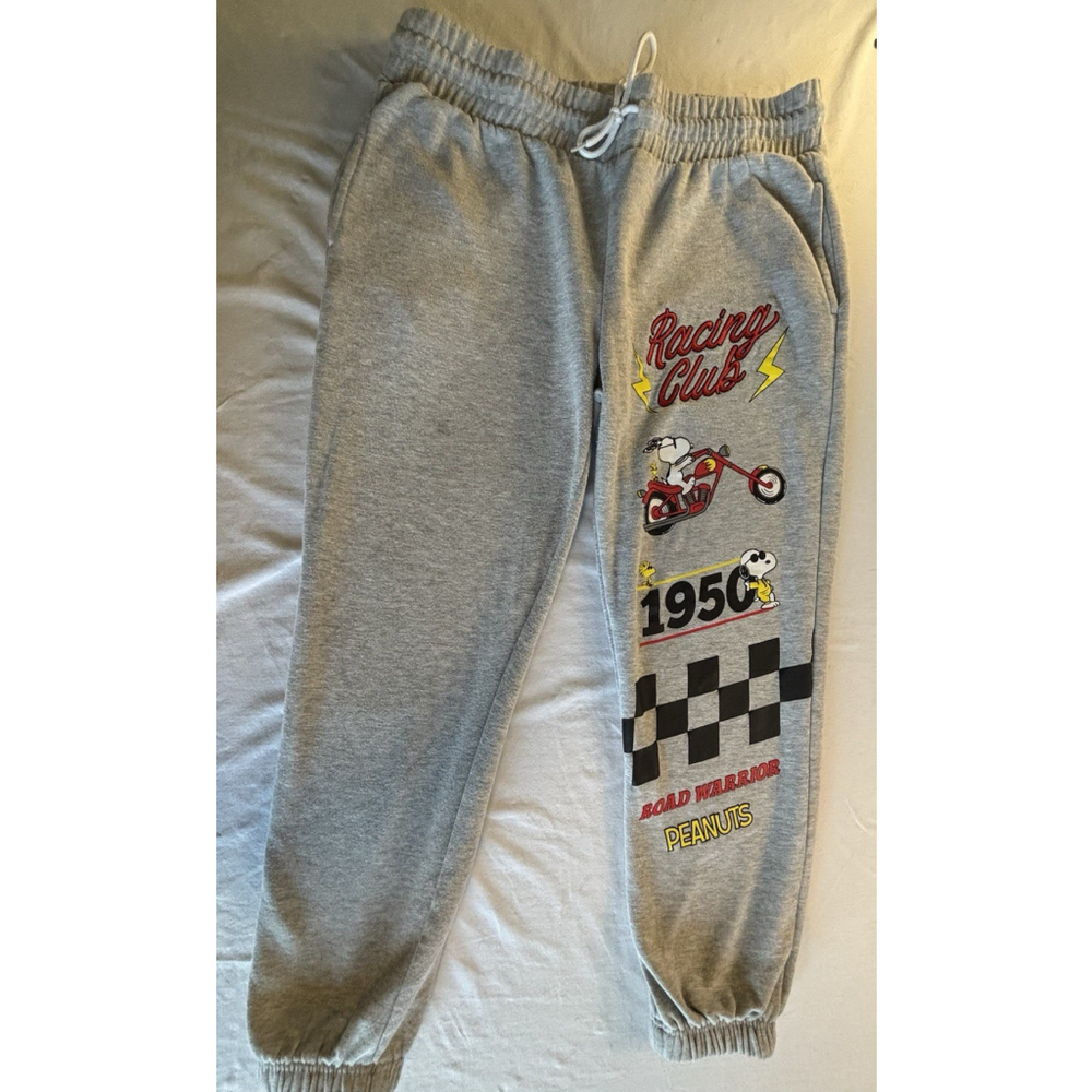 Peanuts Snoopy Racing Club Joggers XL Light Gray Sweatpants Motorcycle 1950